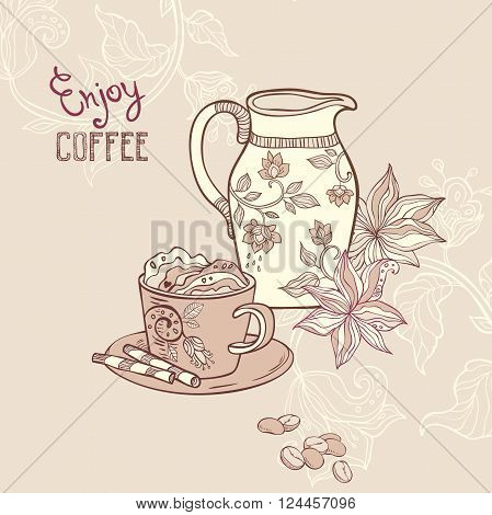 vector hand drawn illustration with coffee cup and milk jug