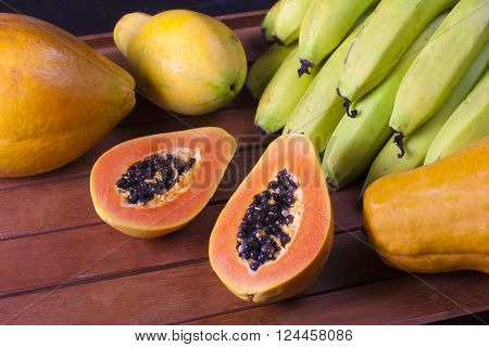 Tropical Fresh Fruits. Mamao Papaya and Bananas