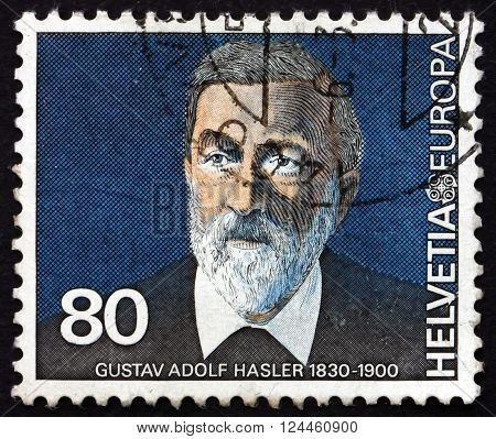 SWITZERLAND - CIRCA 1980: a stamp printed in the Switzerland shows Gustav Adolf Hasler Communications Pioneer circa 1980