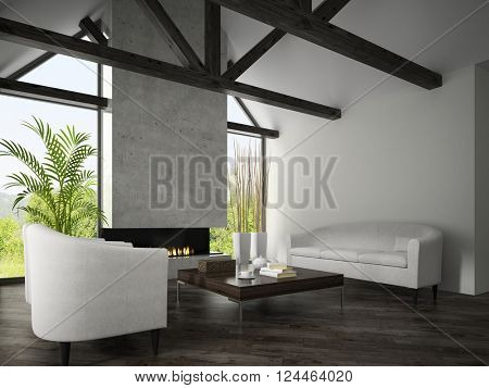 Interior of living room with  armchairs and fireplace 3D rendering