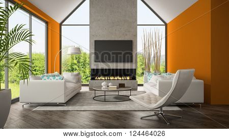 Interior of living room with orange wall and fireplace 3D rendering 