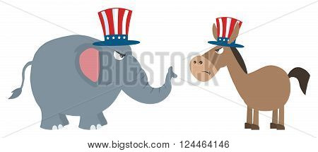 Angry Political Elephant Republican Vs Donkey Democrat. Illustration Flat Design Style Isolated On White