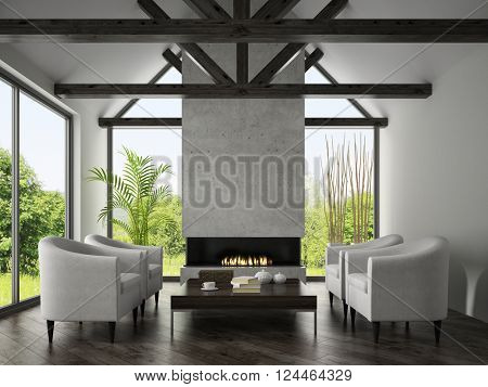 Interior of living room with  armchairs and fireplace 3D rendering