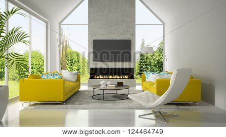 Interior with yellow sofas and fireplace 3D rendering 