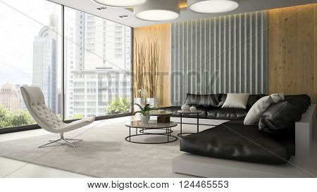 Interior of living room with white armchair 3D rendering