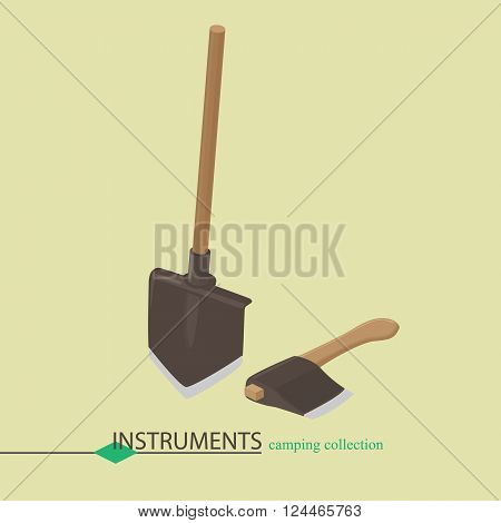 Tools for campaign shovel and an ax. Isometric vector illustration