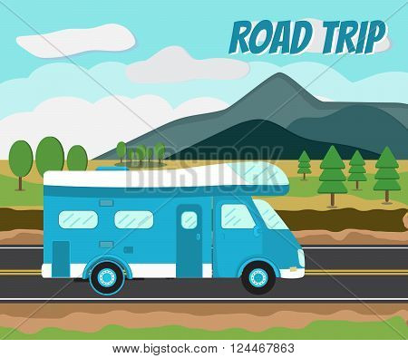Camper car on a road. Journey by car. Road tip. Mobile home. Motorhome.