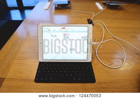 PARIS FRANCE - APR 4 2016: Calendar app on the new Apple iPad Pro during the sales launch of the latest Apple Inc. smartphone and iPad Pro at the Apple store in Paris France