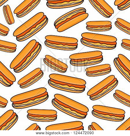 Hot dogs seamless pattern of fast food sandwiches with sausages served in sliced buns with mustard garnish on white background. Takeaway menu and street food themes design