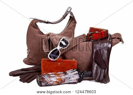 Set of female autumn brown accessories on a white background