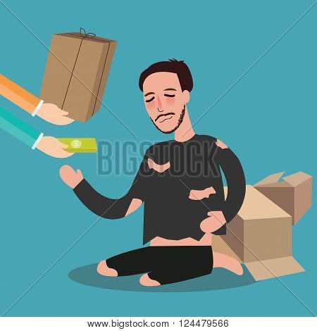 giving money to poor homeless living in card board beggar  zakat concept giving in islam vector