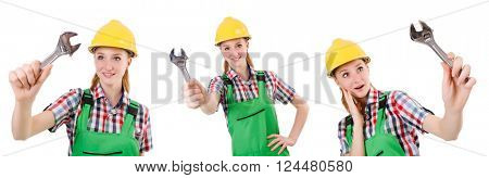 Constructon worker female with wrench isolated on white