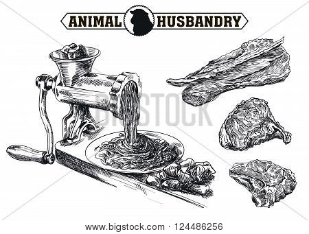 hand drawn sketch outdated grinder in the processing of meat