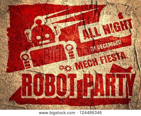 Retro robot party poster. Mech fiesta. Abstract robot silhouette