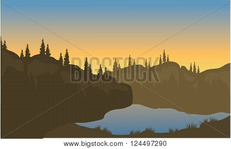 Silhouette of lake on the highlands at the morning