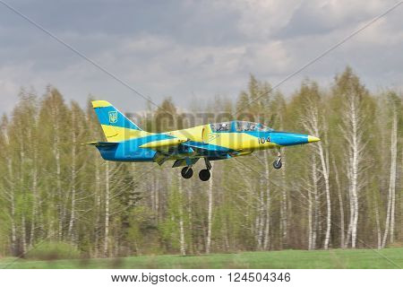 Vasilkov Ukraine - April 24 2012: Ukrainian Air Force Aero L-39 Albatros landing after a training flight