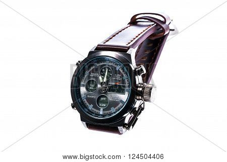 Mens luxury round swiss mechanical wrist watch with leather wristband strap. Chronograph or tachometer isolated on white. High resolution photo.