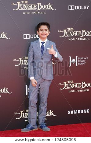 Neel Sethi at the Los Angeles premiere of 'The Jungle Book' held at the El Capitan Theatre in Hollywood, USA on April 4, 2016.