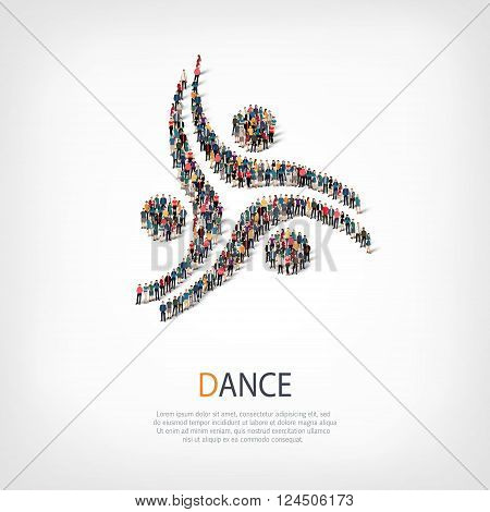 Isometric set of styles, dance , web infographics concept  illustration of a crowded square, flat 3d. Crowd point group forming a predetermined shape. Creative people. - Vector Illustration. Stock vector.