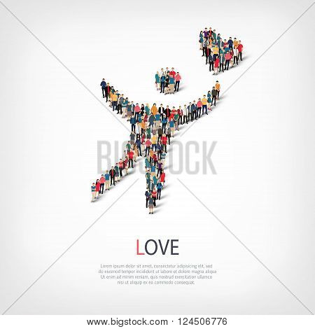 Isometric set of love , web infographics concept vector illustration of a crowded square, flat 3d. Crowd point group forming a predetermined shape. Creative people. - Vector Illustration. Stock vetor.
