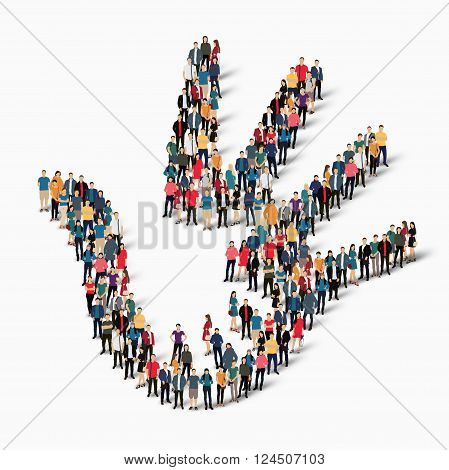 Isometric set of styles, hand in hand  , web infographics concept  illustration of a crowded square, flat 3d. Crowd point group forming a predetermined shape. Creative people. - Vector Illustration. Stock vector.