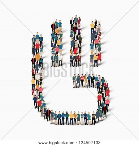 Isometric set of styles, stop the palm, web infographics concept  illustration of a crowded square, flat 3d. Crowd point group forming a predetermined shape. Creative people. - Vector Illustration. Stock vector.