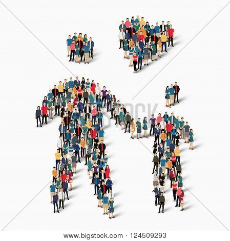 Isometric set of styles, man with heart , web infographics concept  illustration of a crowded square, flat 3d. Crowd point group forming a predetermined shape. Creative people. - Vector Illustration. Stock vector.