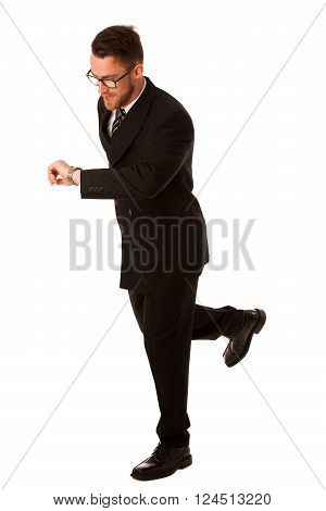 Successful Businessman In Formal Suit Chacking Time On Wrist Watch.