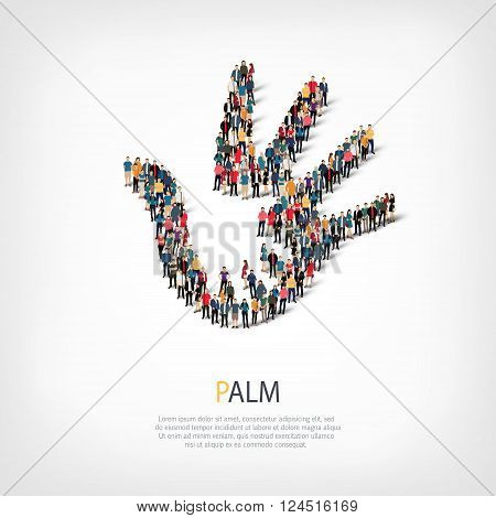 Isometric set of styles, palm , web infographics concept  illustration of a crowded square, flat 3d. Crowd point group forming a predetermined shape. Creative people. - Vector Illustration. Stock vector.