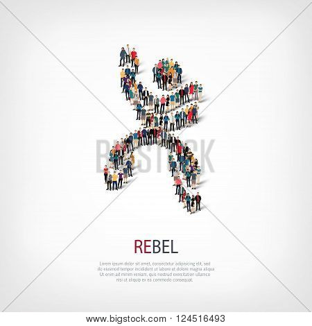 Isometric set of styles, rebel , web infographics concept  illustration of a crowded square, flat 3d. Crowd point group forming a predetermined shape. Creative people. - Vector Illustration. Stock vector.