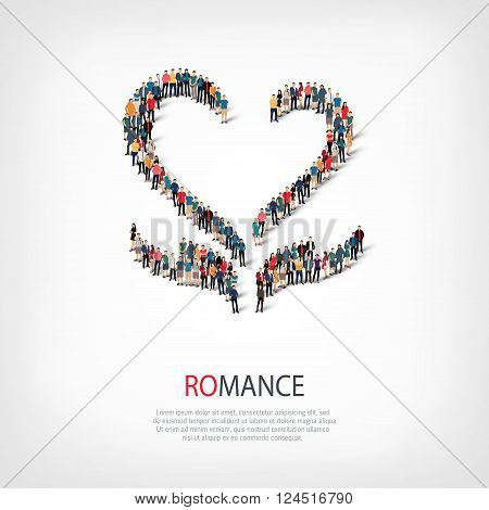 Isometric set of styles, romance , web infographics concept  illustration of a crowded square, flat 3d. Crowd point group forming a predetermined shape. Creative people. - Vector Illustration. Stock vector.
