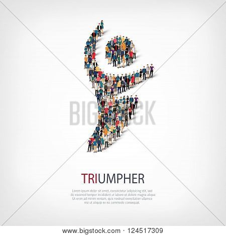 Isometric set of styles, triumpher, web infographics concept  illustration of a crowded square, flat 3d. Crowd point group forming a predetermined shape. Creative people. - Vector Illustration. Stock vector.