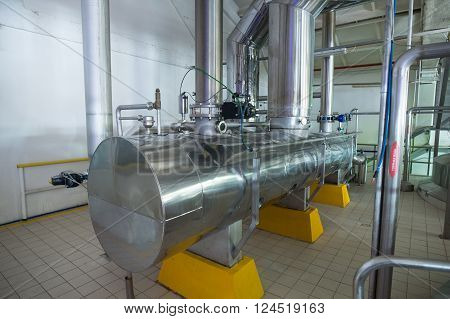 Saint-Petersburg Russia - March 1 2016: Brewhouse for beer and soft drinks plant. Vats and beverage containers.