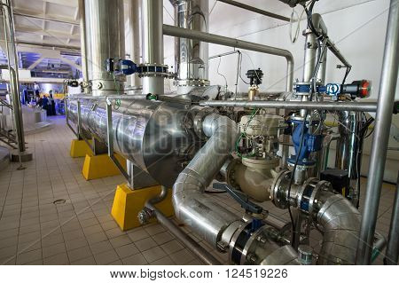 Saint-Petersburg Russia - March 1 2016: Brewhouse for beer and soft drinks plant. Vats and beverage containers.