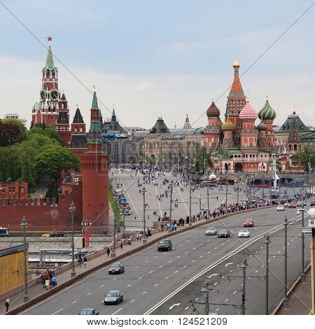 Kremlin Spassky Tower, St Basil Cathedral, Big Moskvoretsky Bridge in Moscow