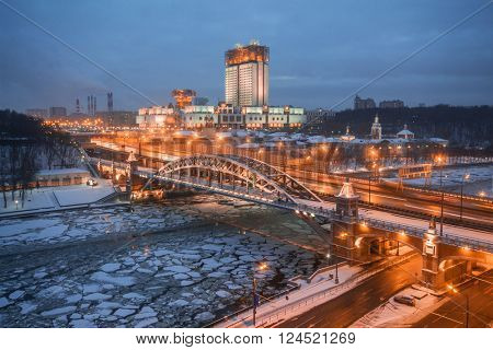 Evening Academy of Sciences and Frunzenskaya embankment at winter in Moscow
