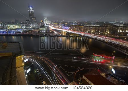 Big Krasnokholmsky bridge at night in Moscow, Russia. Long exposure