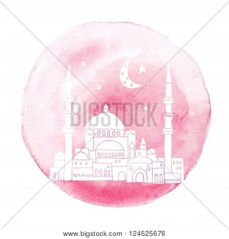 Silhouette of hand drawn mosque with moon stars and watercolor background vector illustration card invitation for muslim community holy month Ramadan Kareem