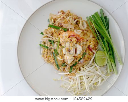 Thai Style Noodles. Thailand's National Dishes, Stir-fried Rice Noodles With Shrimp And Squid (pad T