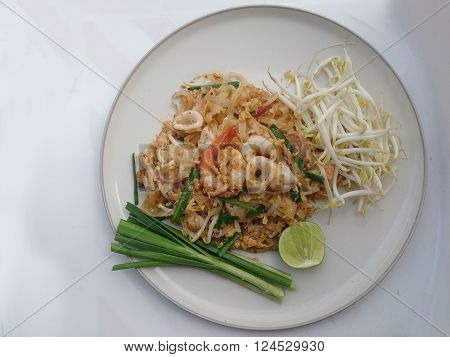 Thai Style Noodles. Thailand's National Dishes, Stir-fried Rice Noodles With Shrimp And Squid (pad T