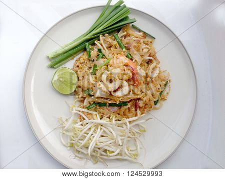 Thai Style Noodles. Thailand's National Dishes, Stir-fried Rice Noodles With Shrimp And Squid (pad T