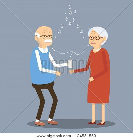 Elderly couple listening to music in the smartphone. Old people using modern technology. An elderly man and woman smiling listening to music through earphones and a mobile phone. Vector illustration. Flat design characters.