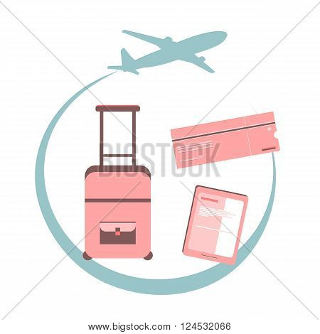 Travel concept illustration. Airplane fly around the planet Earth. Concept of international business travel and tourism. Vector Illustration. Flat design. Logo. Illustration of travel with elements in the plane, ticket, suitcase, smartphone, tablet, onlin