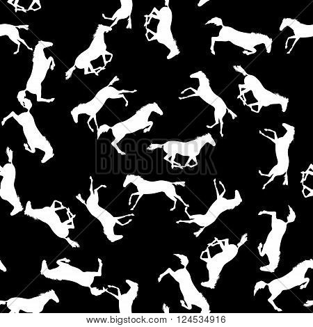 White horse seamless pattern on blackboard. Background with Equine sports theme. Running and jumping herd of horses. Vector seamless pattern with horses