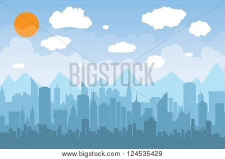 Morning city skyline. Buildings silhouette cityscape with mountains. Big city streets. Blue sky with sun and clouds. Vector illustration