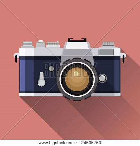 Retro Camera flat icon vector illustration for web design and mobile app isolated on red background. Flat Vintage Camera Icon.  Vector illustration