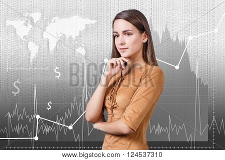 Young woman standing on the traiding graph background. Elements of this image furnished by NASA