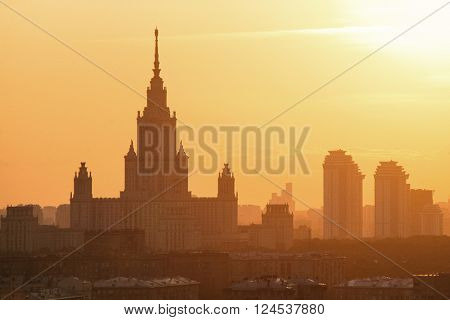 Sunrise in warm day over Moscow. Moscow Satte University, Russia