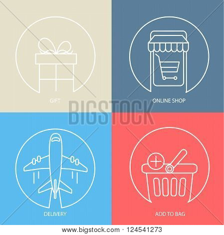 Outline e-commerce web icon set - gift, delivery, online shop, bag. Modern vector logo collection concept.
