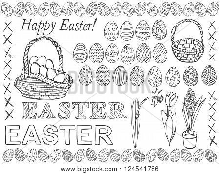 Easter symbols doodle vector set. Doodle Easter eggs baskets and spring flowers. Pencil effect collection. Set of simple doodles. Isolated on white background.